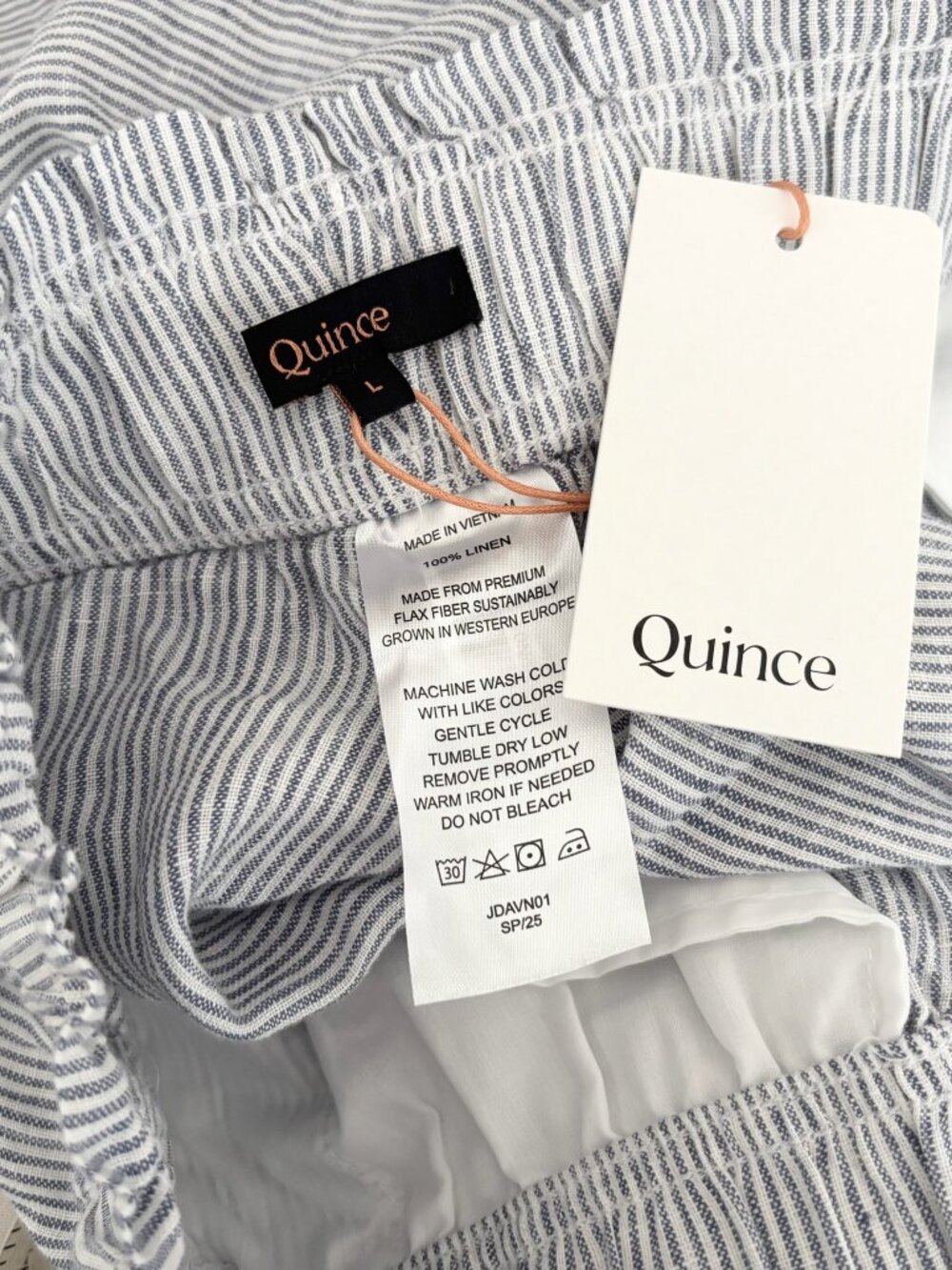 Quince 100% European Linen High Waisted Shorts, Blue Pinstripe - Picture 3 of 5